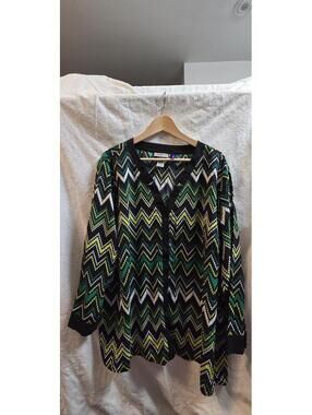 Catherine's Petite Zigzag Print Long Sleeve Blouse Top Black Multi 3X